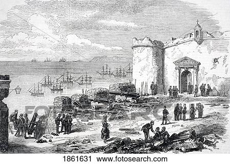Stock Image - Sandbag Battery For The Defence Of Alicante Alicante Province Spain During 3Rd Carlist War From Illustrated London News November 8 1873. Fotosearch