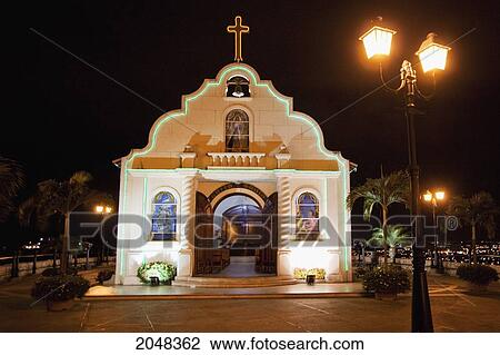 Stock Image - Santa Ana Chapel On Cerro Santa Ana At Night, Guayaquil, Guayas, Ecuador. Fotosearch