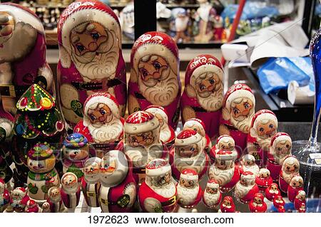 Stock Image - Santa Claus Dolls In A Window, Prague, Czech Republic. Fotosearch