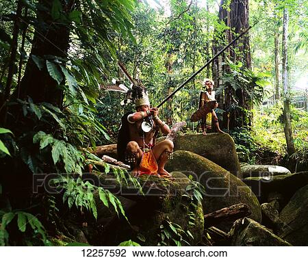 Stock Image - Sarawak men dressed in traditional attire with blowpipes; Sarawak. Fotosearch