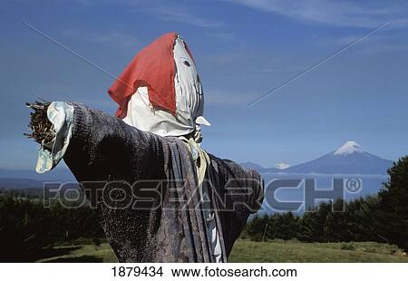 Picture - Scarecrow Beside Lake Llanquihue And Volcano. Fotosearch