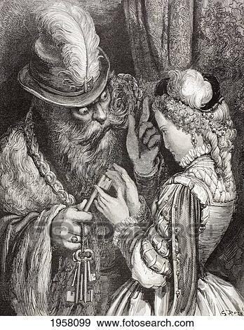 Stock Photo - Scene From Bluebeard By Charles Perrault. Bluebeard Gives His Wife The Magical Key And A Warning. After A Work By Gustave Dore. From El Mundo Ilustrado, Published Barcelona, Circa 1880.. Fotosearch