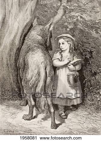 Stock Image - Scene From Little Red Riding Hood By Charles Perrault. Little Red Riding Hood Meets The Wolf In The Forest And Tells Him She Is Going To Visit Her Grandmother. After A Work By Gustave Dore. From El Mundo Ilustrado, Published Barcelona, Circa 1880.. Fotosearch