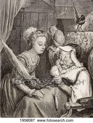 Scene From Sleeping Beauty By Charles Perrault. The Princess Finds An Old Woman Spinning, Not Knowing She Is Really The Wicked Fairy In Disguise After A Work By Gustave Dore. From El Mundo Ilustrado, Published Barcelona, Circa 1880. View Large Photo Image Stock Photo - Scene From Sleeping Beauty By Charles Perrault. The Princess Finds An Old Woman Spinning, Not Knowing She Is Really The Wicked Fairy In Disguise After A Work By Gustave Dore. From El Mundo Ilustrado, Published Barcelona, Circa 1880.. Fotosearch