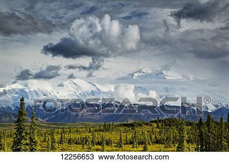 Stock Image - Scenic view of Mt. McKinley and storm clouds overhead, Denali National Park & Preserve, Interior Alaska, Summer. Fotosearch