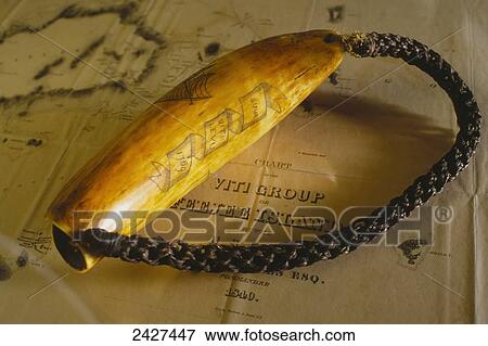 Stock Photo - Scrimshaw artistry on a whale tooth; Wakaya Island, Fiji. Fotosearch