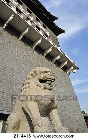 Sculpture Of A Lion Outside A Building; Beijing China View Large Photo Image Stock Photograph - Sculpture Of A Lion Outside A Building; Beijing China. Fotosearch