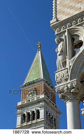 Sculpture On Corner Of Palazzo Ducale Facade And The Campanile Di San Marco. View Large Photo Image Stock Photo - Sculpture On Corner Of Palazzo Ducale Facade And The Campanile Di San Marco.. Fotosearch