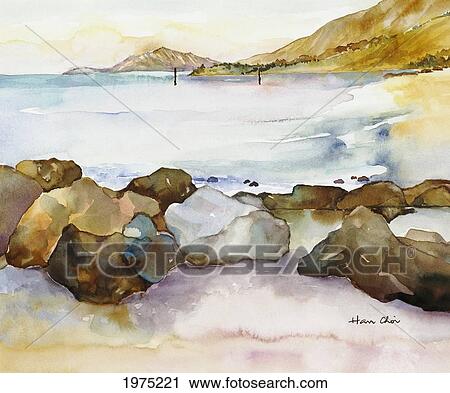 Stock Image - Seaside, Landscape Of Ocean And Shoreline (Watercolor Painting).. Fotosearch