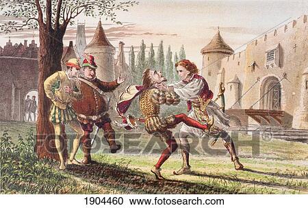 Stock Image - Sebastian Speaks In Twelfth Night, Act Iv, Scene I By William Shakespeare. Why! There's For Thee! And There! And There! Drawn And Etched By Robert Dudley. From The Illustrated Library Shakspeare, Published London 1890.. Fotosearch