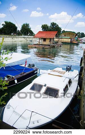 Picture - Serbia., River Danube; Belgrade, floating on river. boats moored up, Cafe Bars. Fotosearch