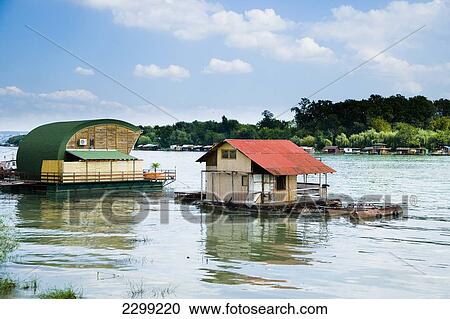 Stock Image - Serbia., River Danube; Belgrade, floating on river, Cafe Bars. Fotosearch