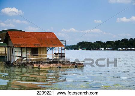 Stock Image - Serbia., River Danube; Belgrade, floating on river, Cafe Bars. Fotosearch
