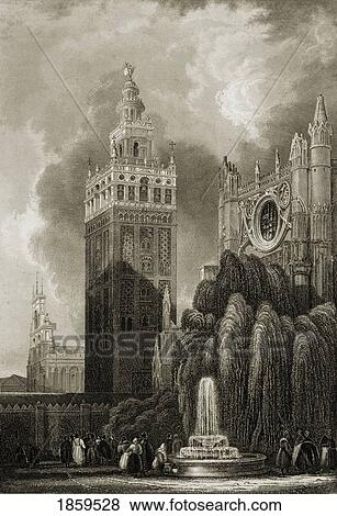 Seville, Spain. Giralda Tower. 19Th Century Print. Engraved By B. Metzeroth View Large Photo Image Stock Photo - Seville, Spain. Giralda Tower. 19Th Century Print. Engraved By B. Metzeroth. Fotosearch