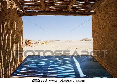 Stock Photograph - Shaded Rest Area With Explanatory Signs In Wadi Al-Hitan (Whale Valley), El Fayoum, Egypt. Fotosearch