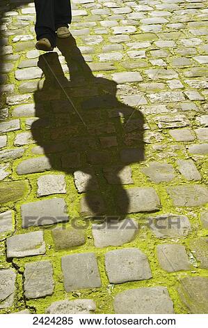 Stock Photography - Shadow of a pedestrian cast on the moss covered walkway, Marais district; Paris, France. Fotosearch