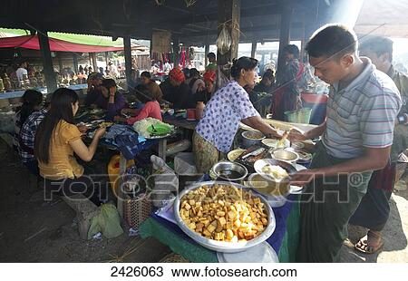 Stock Image - Shan market on Inle Lake; Myanmar. Fotosearch