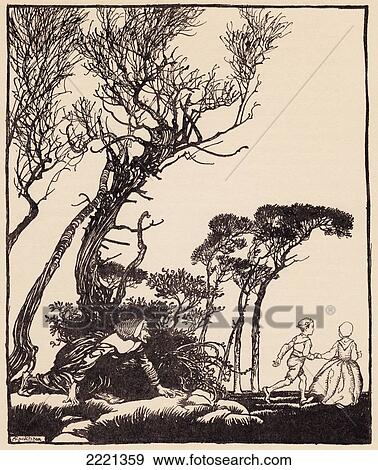 Stock Photo - She Crept After Them Secretly, As Witches Do Creep. Illustration By Arthur Rackham From Grimm's Fairy Tale Little Brother And Little Sister.. Fotosearch