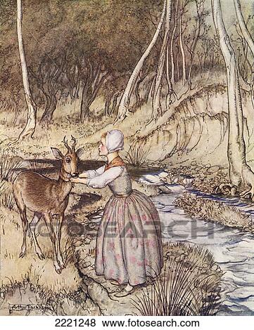 She Took Off Her Golden Garter And Put It Round The Roe Buck's Neck. Illustration By Arthur Rackham From Grimm's Fairy Tale, Little Brother And Little Sister, Published Late 19Th Century. View Large Photo Image Stock Photo - She Took Off Her Golden Garter And Put It Round The Roe Buck's Neck. Illustration By Arthur Rackham From Grimm's Fairy Tale, Little Brother And Little Sister, Published Late 19Th Century.. Fotosearch