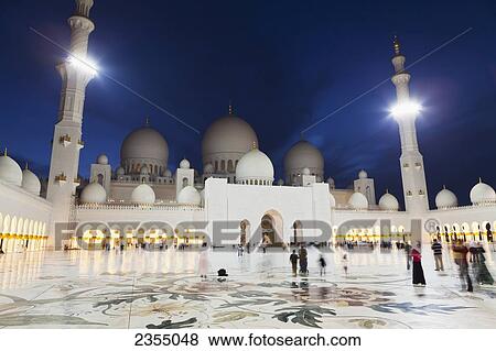 Stock Photo - Sheikh Zayed Grand Mosque at night; Abu Dhabi, United Arab Emirates. Fotosearch