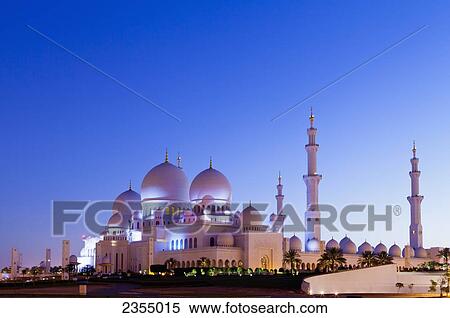 Stock Photography - Sheikh Zayed Grand Mosque at sunrise; Abu Dhabi, United Arab Emirates. Fotosearch