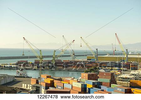 Stock Photo - Shipping containers in the port; Genoa, Liguria, Italy. Fotosearch