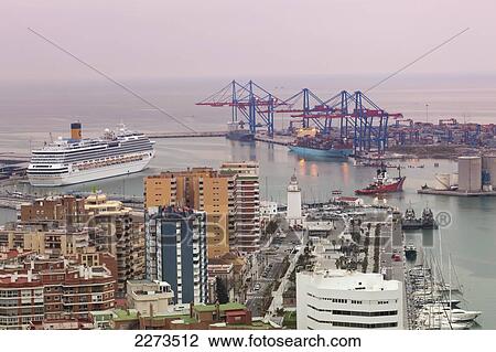 Stock Image - Shipping in the harbour; malaga malaga province costa del sol andalusia spain. Fotosearch