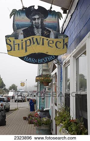 Stock Photograph - Shipwreck sign at a bar and bistro; Tobermory, Ontario. Fotosearch