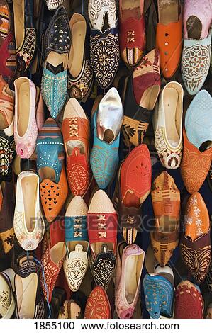 Stock Image - Shoes On Display In A Shop; Essaouira, Morocco. Fotosearch