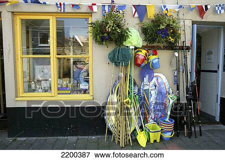 Stock Photo - Shop Selling Beach And Fishing Gear, Salcombe, Devon, England, Uk Doug Mckinlay/Axiom. Fotosearch