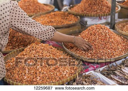 Stock Photo - Shop with dried shrimp in the famous Crab Market of Kep; Kep, Cambodia. Fotosearch