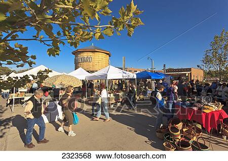 Stock Photo - Shoppers at Santa Fe Saturday Market; Santa Fe, New Mexico, USA. Fotosearch