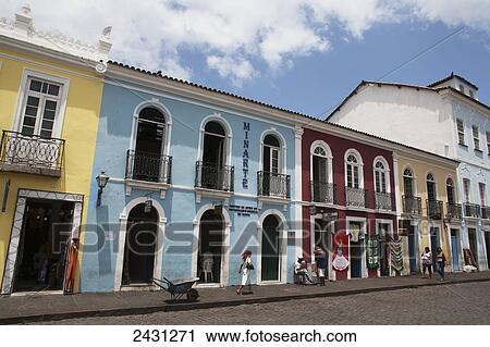 Stock Image - Shops in historic buildings in the Pelourinho district; Salvador, Bahia, Brazil. Fotosearch