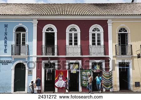 Stock Image - Shops in historic buildings in the Pelourinho district; Salvador, Bahia, Brazil. Fotosearch
