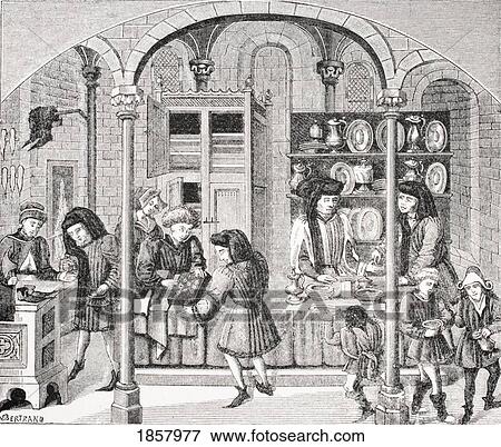 Stock Photo - Shops Under Covered Market. Goldsmith, Dealer In Stuffs And Shoemaker. After Miniature In Aristotles Ethics And Politics In 15Th Century Translation By Nicholas Oresme. Fotosearch