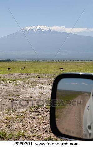 Stock Image - Side-View Mirror Of A Car At Kilimanjaro, Amboseli, Kenya. Fotosearch