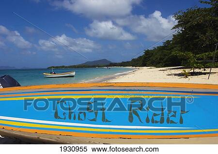 Stock Photography - Side View Of A Boat On Paradise Beach, Carriacou Islands; Grenada, Caribbean. Fotosearch