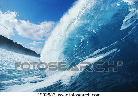 Side View Of Blue, Curling Wave. View Large Photo Image Stock Image - Side View Of Blue, Curling Wave.. Fotosearch