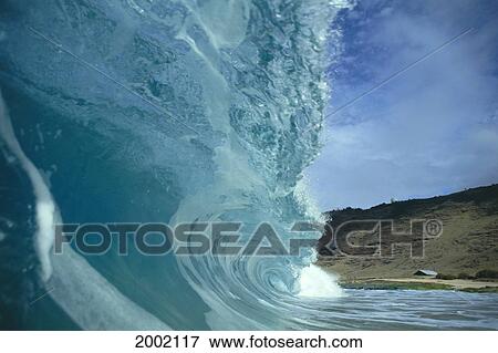 Side View Of Large Curled Wave Rolling To Shore, Beach And Mountain Visible, Blue Sky View Large Photo Image Stock Photo - Side View Of Large Curled Wave Rolling To Shore, Beach And Mountain Visible, Blue Sky. Fotosearch