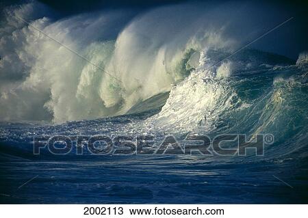 Stock Image - Side View Of Rough Large Powerful Waves Crashing. Fotosearch