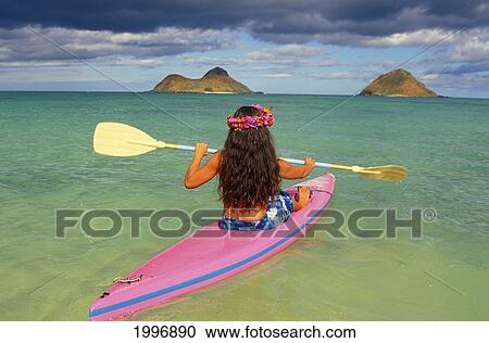 Side View Of Woman In Pink Kayak, Clear Water, Yellow Paddles, Pink Lei, Blue Sky View Large Photo Image Stock Image - Side View Of Woman In Pink Kayak, Clear Water, Yellow Paddles, Pink Lei, Blue Sky. Fotosearch