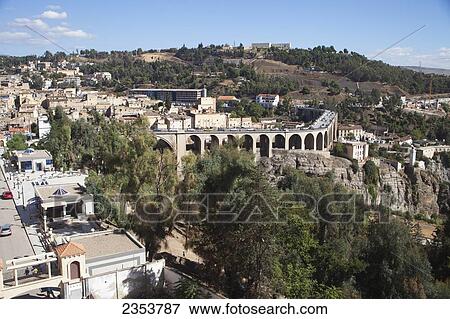 Stock Photo - Sidi Rached Bridge over Oued Rhumel gorge, viewed from Grand Hotel Cirta; Constantine, Algeria. Fotosearch
