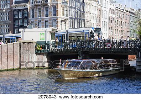 Stock Image - Sightseeing Boat On The Herengracht, Amsterdam, Netherlands. Fotosearch