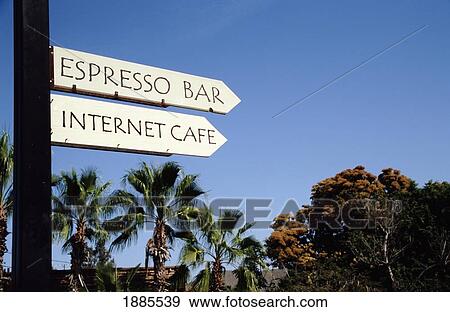 Sign For Expresso Bar And Internet Cafe With Palm Trees In Background View Large Photo Image Stock Photo - Sign For Expresso Bar And Internet Cafe With Palm Trees In Background. Fotosearch
