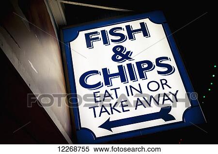 Stock Photography - Sign for Fish and Chips restaurant; Blackpool, Lancashire, England. Fotosearch