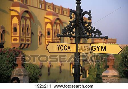 Stock Image - Sign For Spa, Yoga, Sauna Steam And Gym; Khimsar Fort Palace Hotel, Jodhpur, Rajasthan, India. Fotosearch
