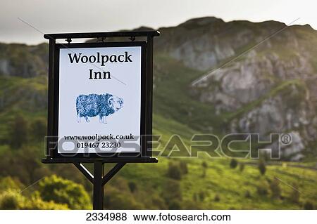 Stock Photo - Sign For Woolpack Inn, Famous Old Drovers' Pub And Inn; Eskdale, Western Lake District, Cumbria, England, Uk. Fotosearch