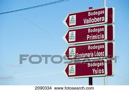 Picture - Sign Indicating The Nearest Wineries, La Rioja Alavesa, Basque Country, Spain. Fotosearch