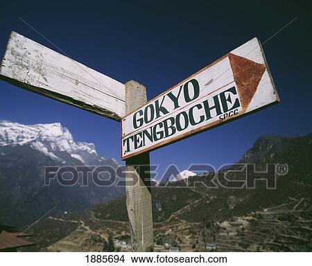 Picture - Sign Marking Start Of Trail To Gokyo And Tengboche Out. Fotosearch