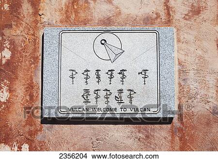 Picture - Sign On A Pedestal That Holds Vulcan's Starship Fx6-1995-A, Replica Of The Starship Enterprise From Gene Roddenberry's Star Trek; Vulcan, Alberta, Canada. Fotosearch